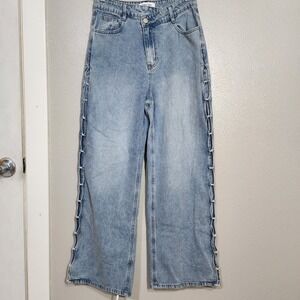 Lane 201 Women's Wide Leg Jeans Size M 28 Blue Denim Open Pearl Sides Y2K Style